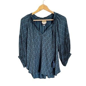 Alamwar Peasant Boho V-neck Tassel Printed Teal Blue Dolman Sleeve Blouse size M